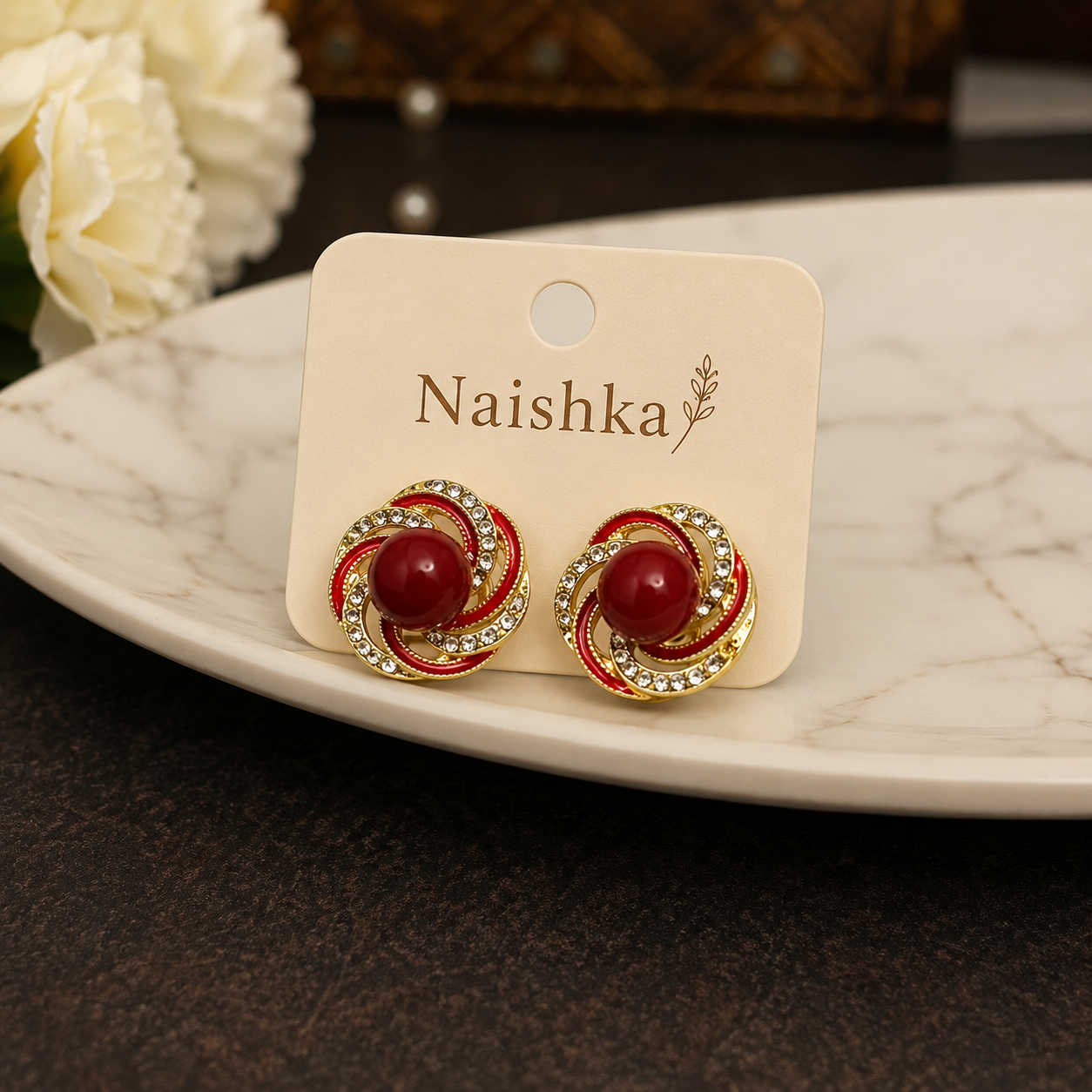 Korean Red Crystal Stud Earrings For Girls & Women