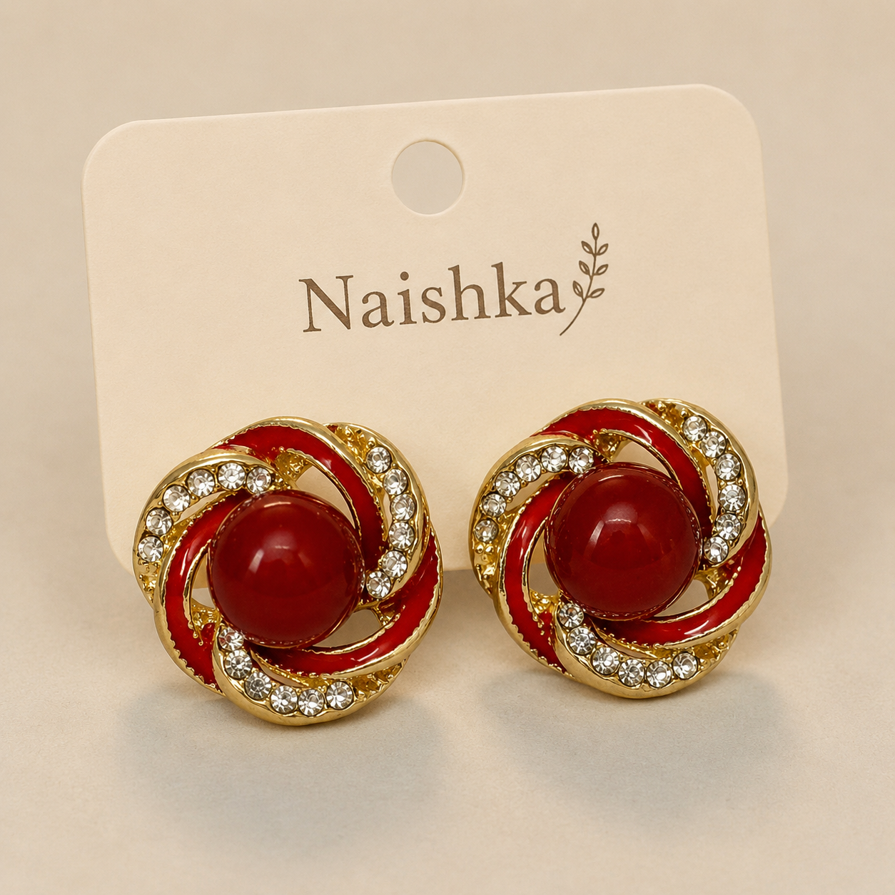 Korean Red Crystal Stud Earrings For Girls & Women