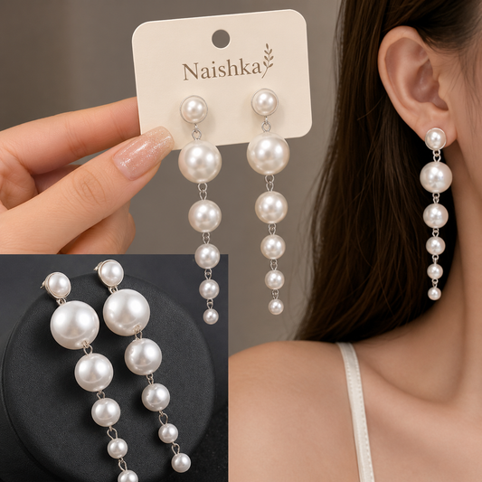 Korean Long Pearl Dangle Earrings For Women