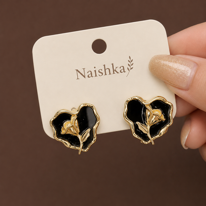 Black Heart Rose Stud Earrings For Girls & Women