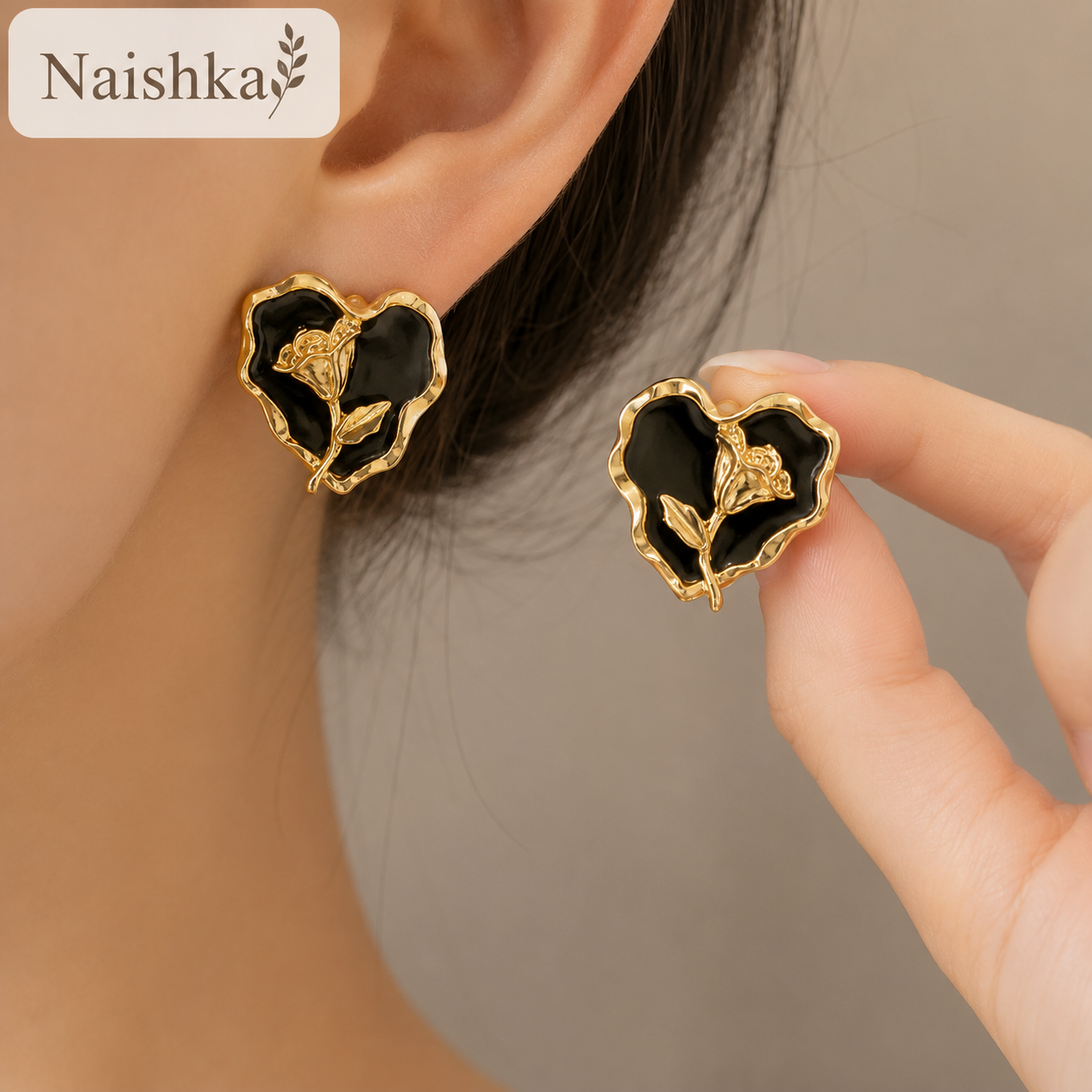 Black Heart Rose Stud Earrings For Girls & Women