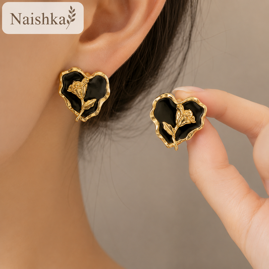 Black Heart Rose Stud Earrings For Girls & Women