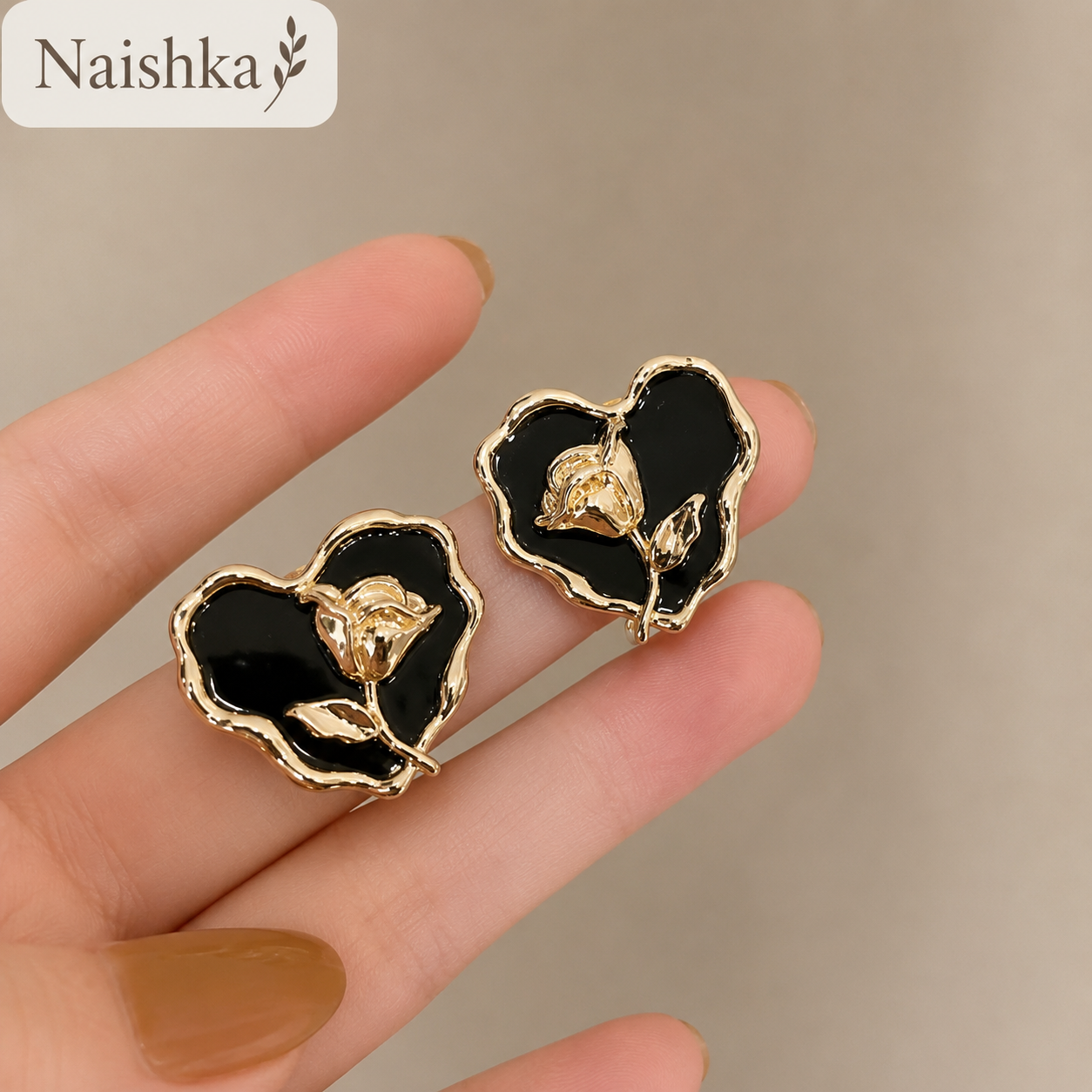 Black Heart Rose Stud Earrings For Girls & Women