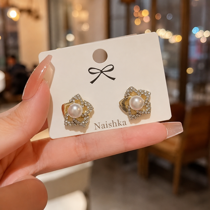 Korean Pearl Flower Stud Earrings For Girls & Women