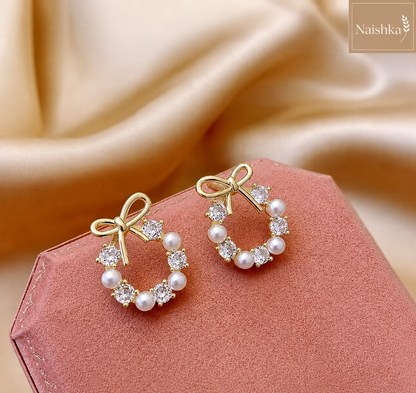 Korean Bow Pearl Stud Earrings For Girls & Women