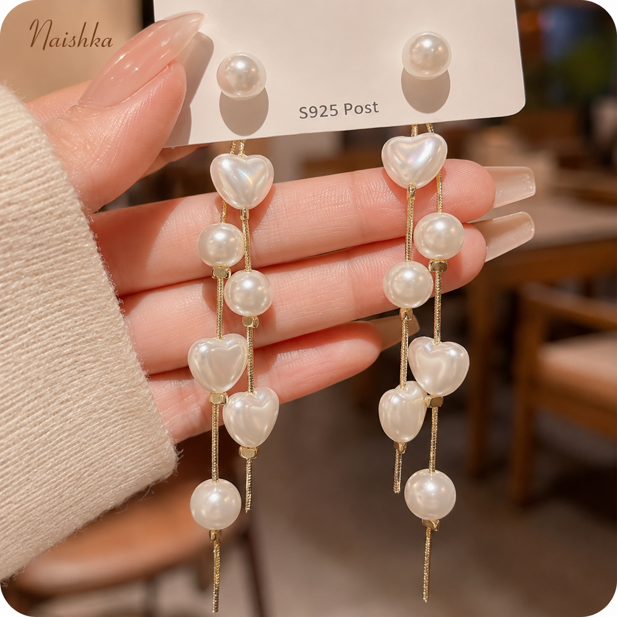 Korean Pearl Heart Tassel Earrings for Women