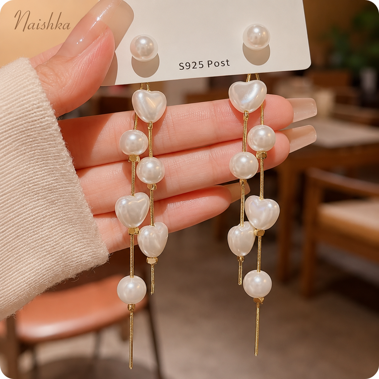 Korean Pearl Heart Tassel Earrings for Women