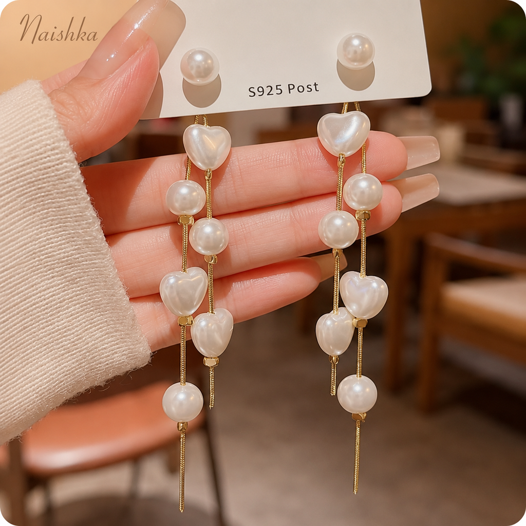 Korean Pearl Heart Tassel Earrings for Women