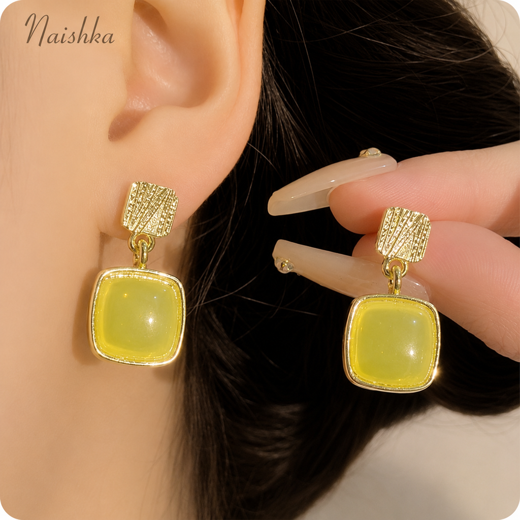 Korean Yellow Square Drop Earrings For Girls & Women