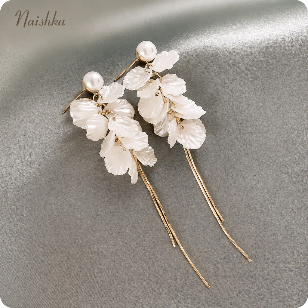 Korean Pearl Leaf Tassel Earrings For Girls & Women