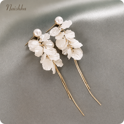 Korean Pearl Leaf Tassel Earrings For Girls & Women