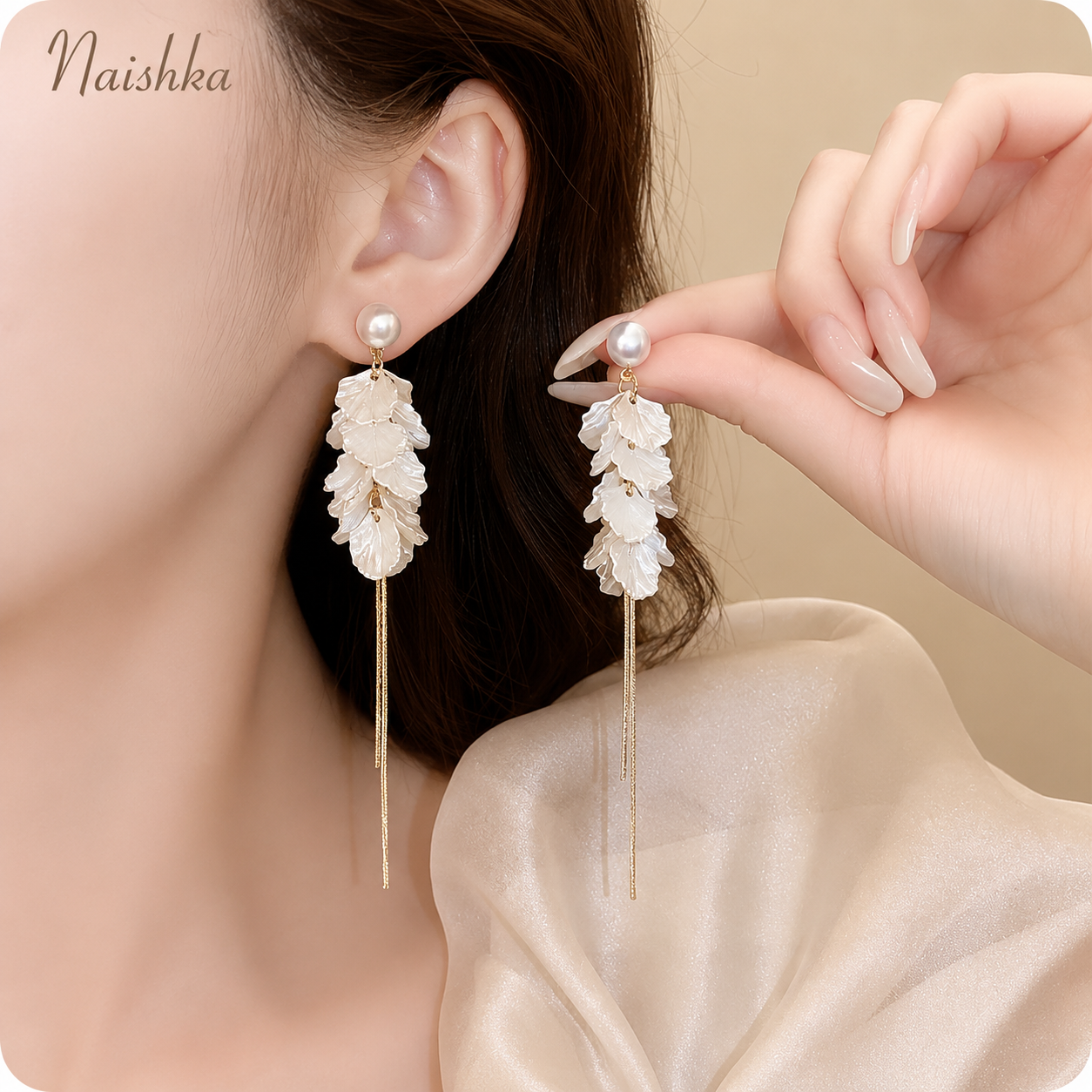 Korean Pearl Leaf Tassel Earrings For Girls & Women