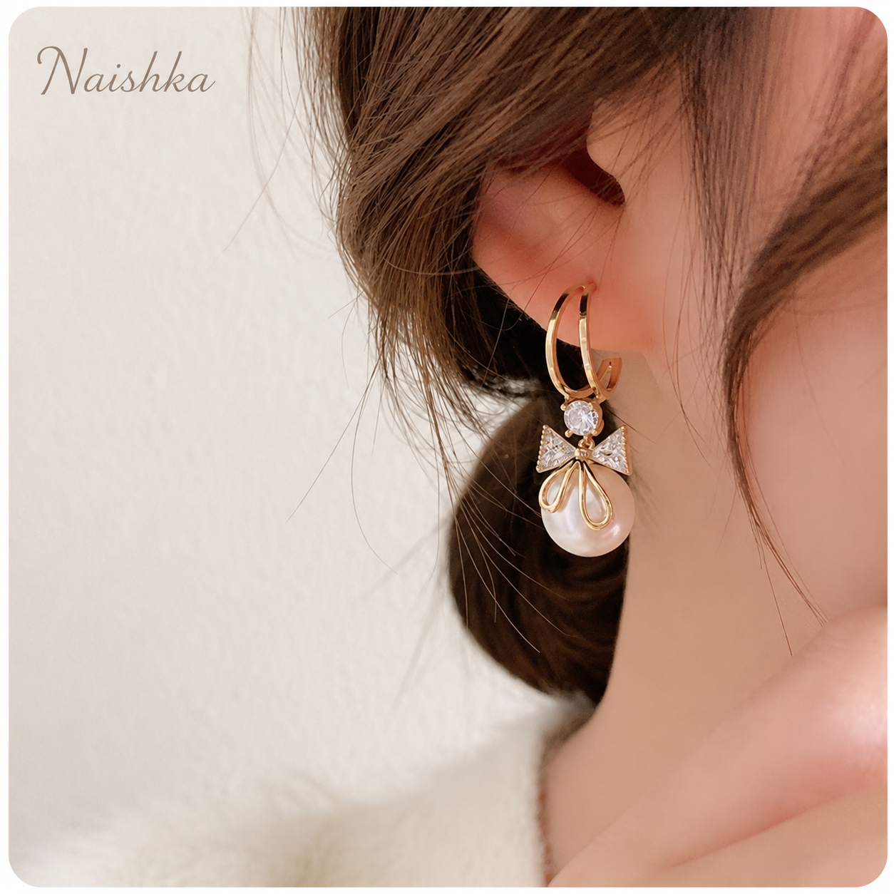 Korean Pearl Bow Hoop Earrings For Girls & Women