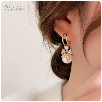 Korean Pearl Bow Hoop Earrings For Girls & Women