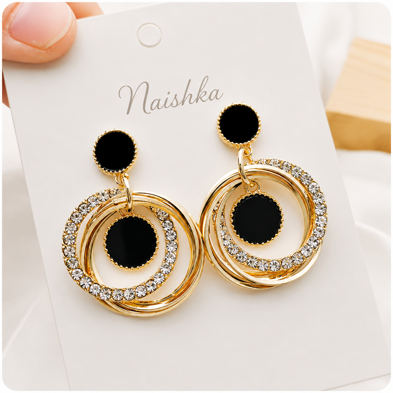 Korean Black & Gold Circular Drop Earrings For Girls & Women