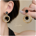 Korean Black & Gold Circular Drop Earrings For Girls & Women