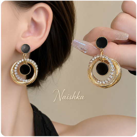 Korean Black & Gold Circular Drop Earrings For Girls & Women