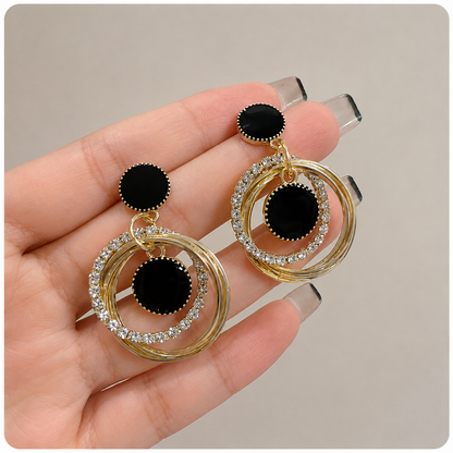 Korean Black & Gold Circular Drop Earrings For Girls & Women
