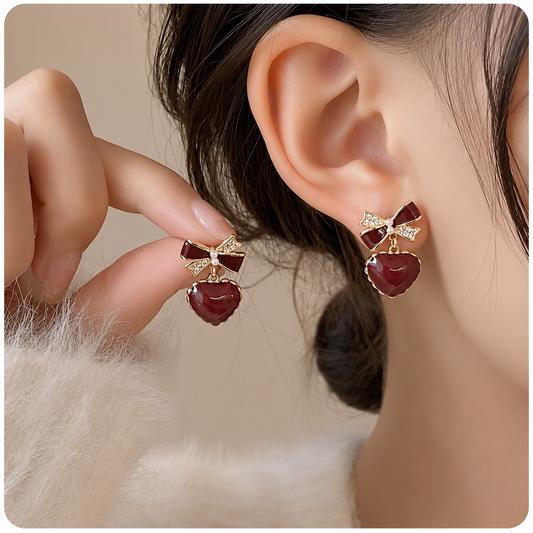Korean Red Heart Drop Earrings For Girls & Women