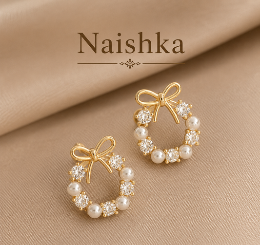 Korean Bow Pearl Stud Earrings For Girls & Women